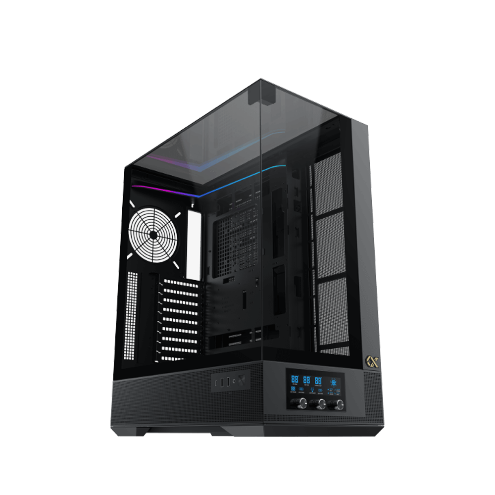 Xigmatek Vision Pro Midtower LCD Display Three Panel Front,Top & Left Side Tempered Glass Case with 8 ARGB Fans - Black