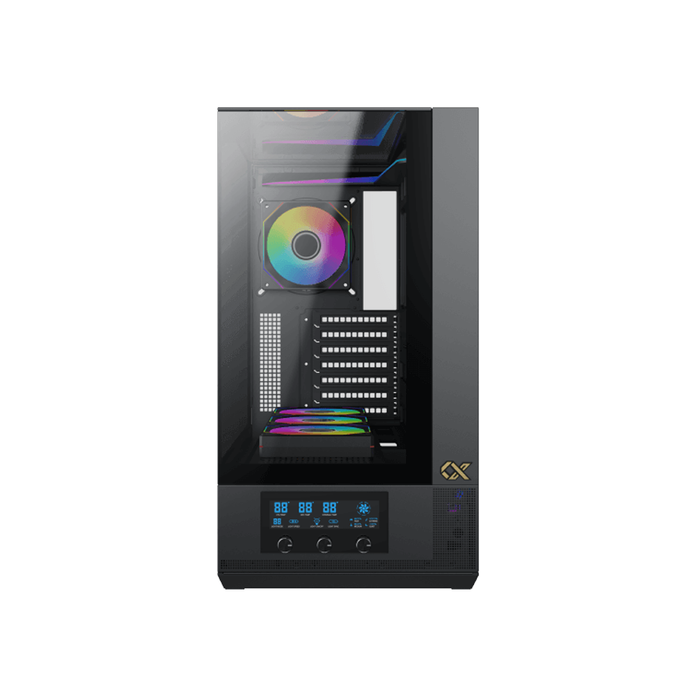 Xigmate Vision Midtower Smart Fan Control LCD Display Panel ATX Front Side & Left Side Tempered Glass Panel Case with 7 ARGB Fans - Black