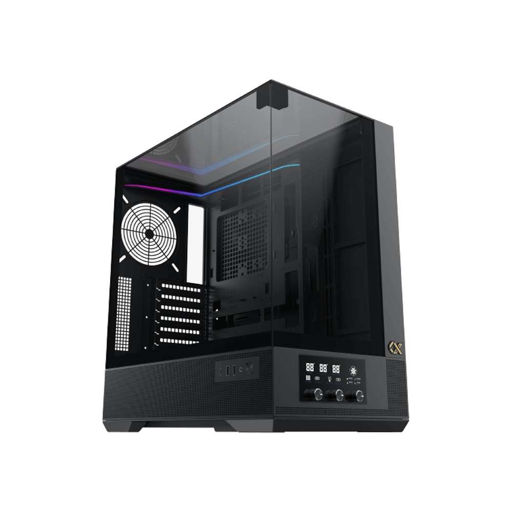 Xigmate Vision Midtower Smart Fan Control LCD Display Panel ATX Front Side & Left Side Tempered Glass Panel Case with 7 ARGB Fans - Black