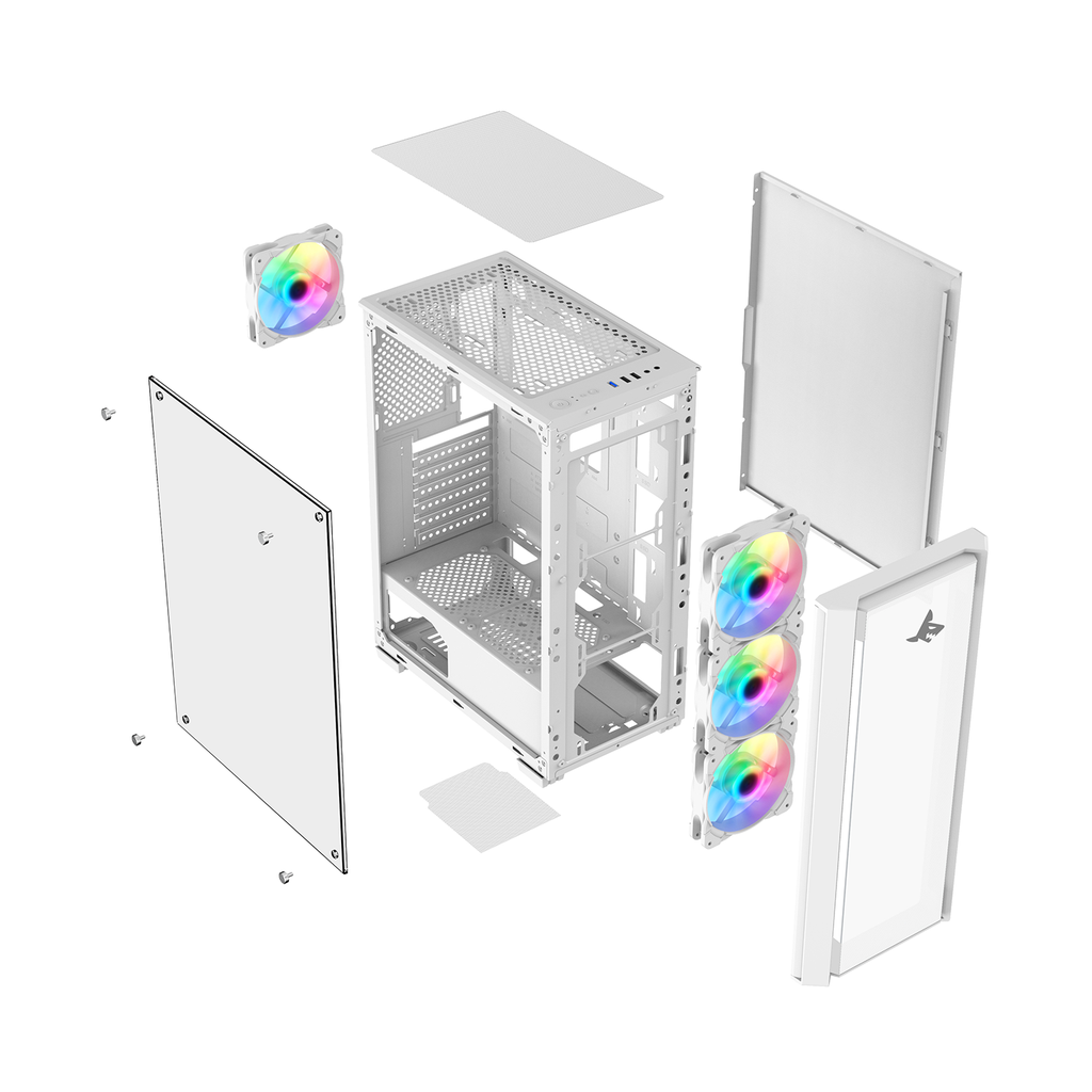 Sharx Striker Mid Tower Two Panel Front & Left Side Tempered Glass Case with 4 RGB Fans - White