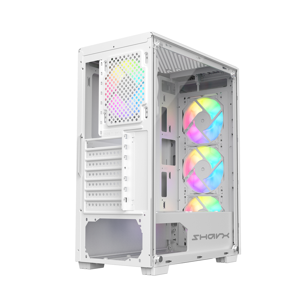 Sharx Razorfin R-200 ATX Mid Tower Left Side Tempered Glass Panel Case With 4 RGB Fans - White