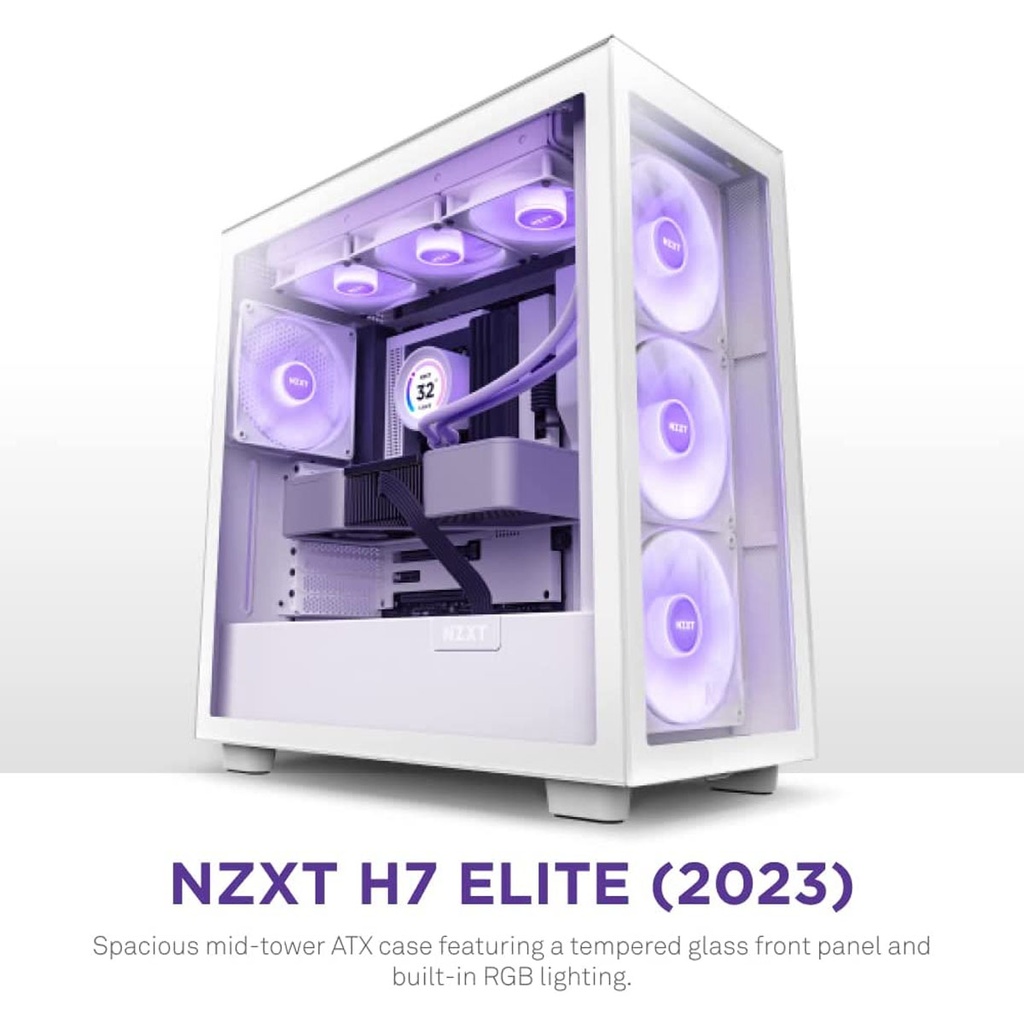 NZXT H7 Elite Premium ATX Mid Tower Two Panel Front & Left Side Tempered Glass Case with 4 RGB Fans - White