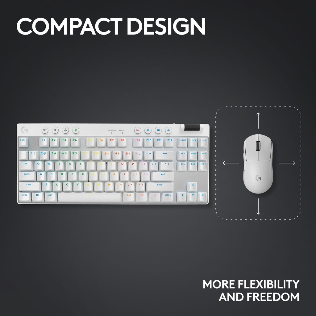 Logitech G PRO X TKL LIGHTSPEED Wireless Gaming Keyboard, Ultra-Portable Tenkeyless Design, Lightsync RGB Backlit, PBT Keycaps, Tactile Switches (GX Brown), BT/USB, US INTL Layout, White | 920-012148