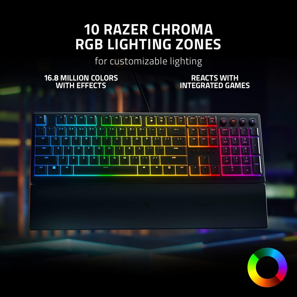 Razer Ornata V3 Gaming Keyboard: Low-Profile Keys, Mecha-Membrane Switches, UV-Coated Keycaps, Backlit Media Keys, 10-Zone RGB Lighting, Spill-Resistant, Magnetic Wrist Wrest - Black