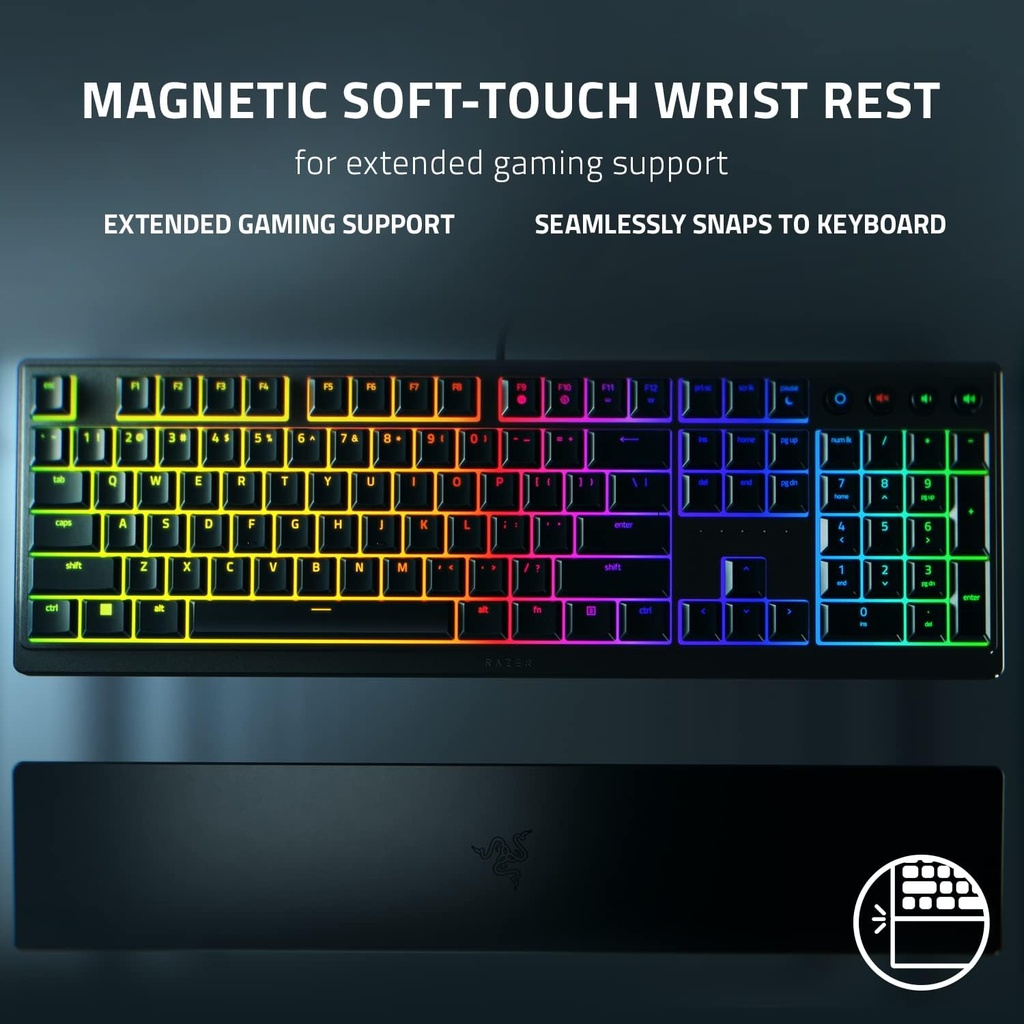 Razer Ornata V3 Gaming Keyboard: Low-Profile Keys, Mecha-Membrane Switches, UV-Coated Keycaps, Backlit Media Keys, 10-Zone RGB Lighting, Spill-Resistant, Magnetic Wrist Wrest - Black