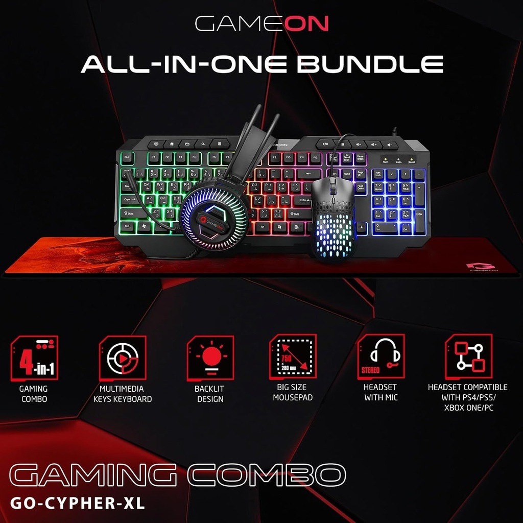 Gameon Cypher XL All-In-One Bundle Wired Keyboard, Headset, Mouse & Mousepad