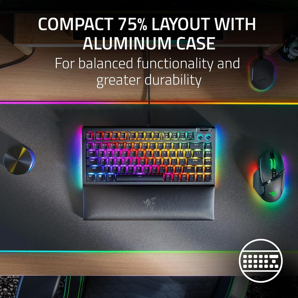 Razer BlackWidow V4 75% Mechanical Gaming Keyboard: Hot-Swappable Design, Compact & Durable, Orange Tactile Switches, Chroma RGB, MF Roller & Media Keys, Comfortable Wrist Rest - Black