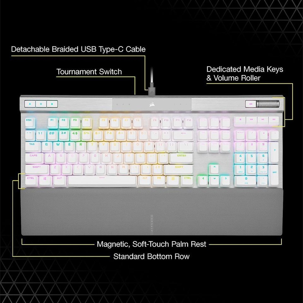 Corsair K70 PRO RGB Optical-Mechanical Gaming Keyboard OPX Linear Switch PBT Double-Shot Keycaps - White