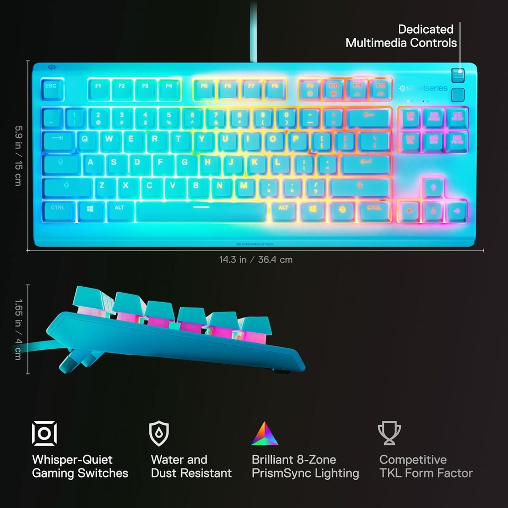 SteelSeries Apex 3 TKL Wired RGB Gaming Keyboard Water and Dust Resistant Whisper Quiet Switches - Aqua