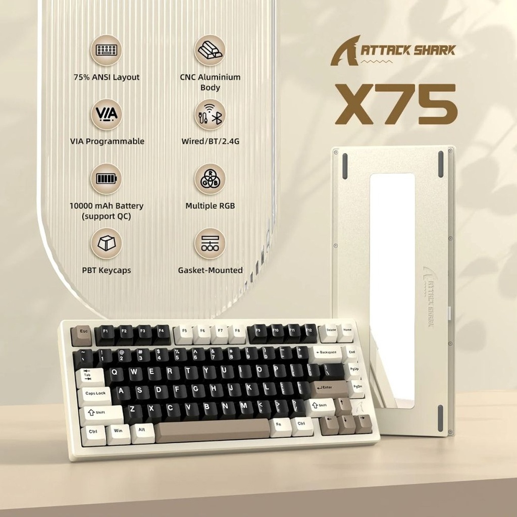 Attack Shark X75 81 Key (Wired+2.4G+Bluetooth)Tri-Model Switch Heap Of Aluminum Gaming Keyboard-Cheese White