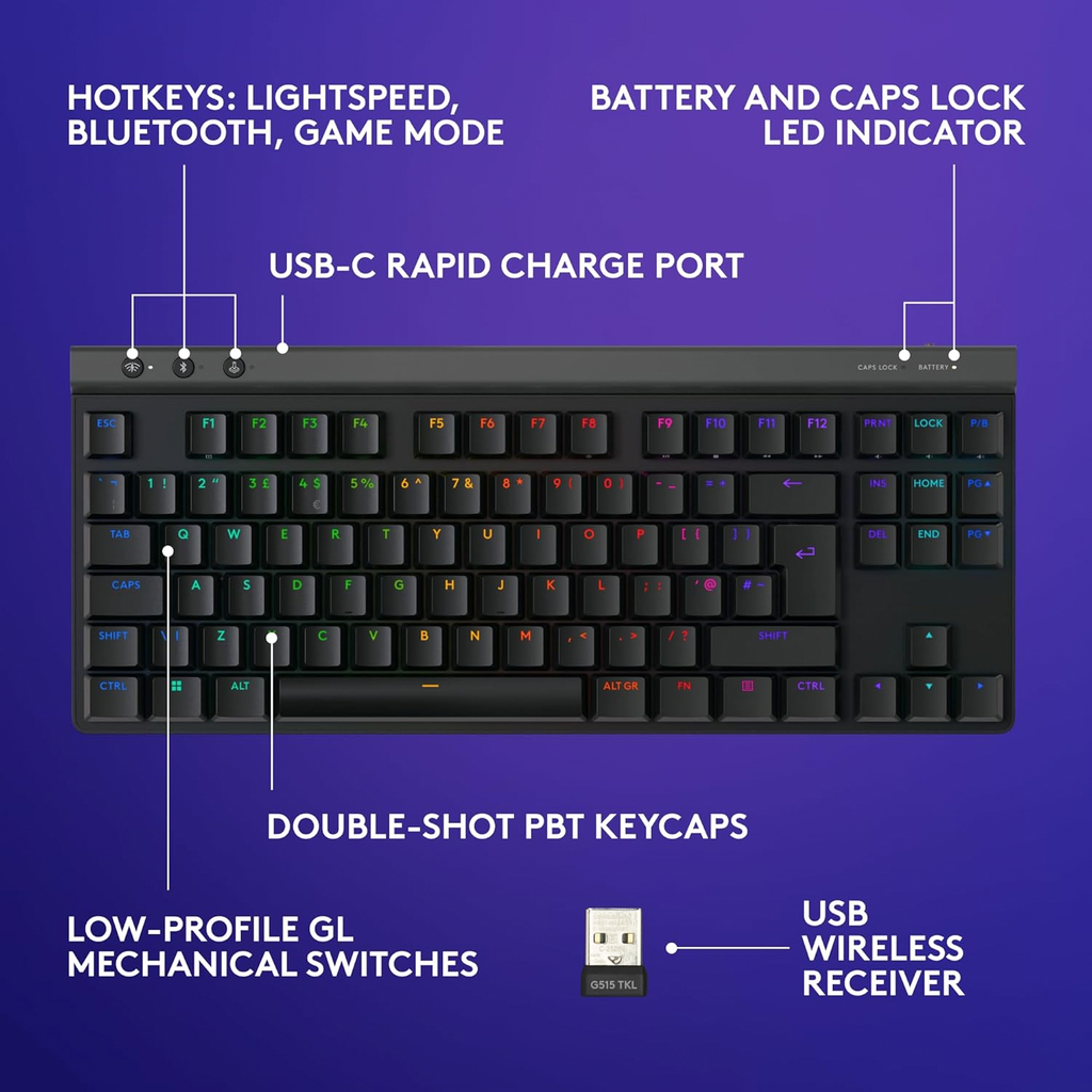 Logitech G515 TKL LIGHTSPEED Low-Profile Wireless Gaming Keyboard Tactile Switch - Black
