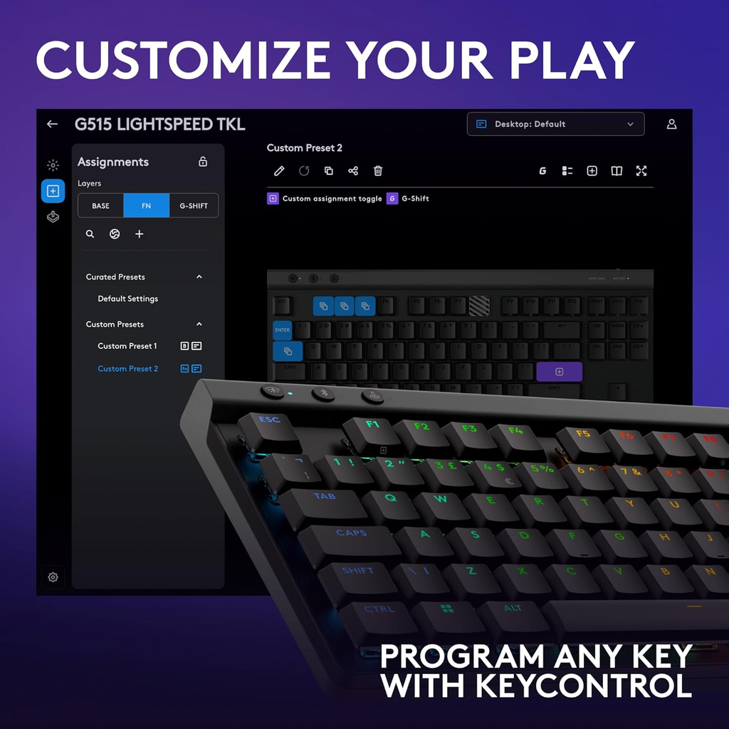Logitech G515 TKL LIGHTSPEED Low-Profile Wireless Gaming Keyboard Tactile Switch - Black