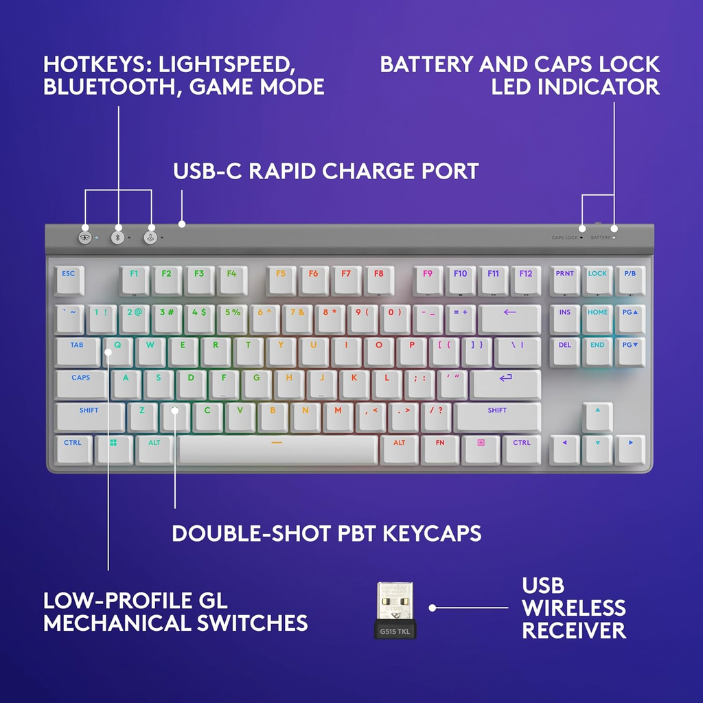 Logitech G515 TKL LIGHTSPEED Low-Profile Wireless Gaming Keyboard Tactile Switch - White
