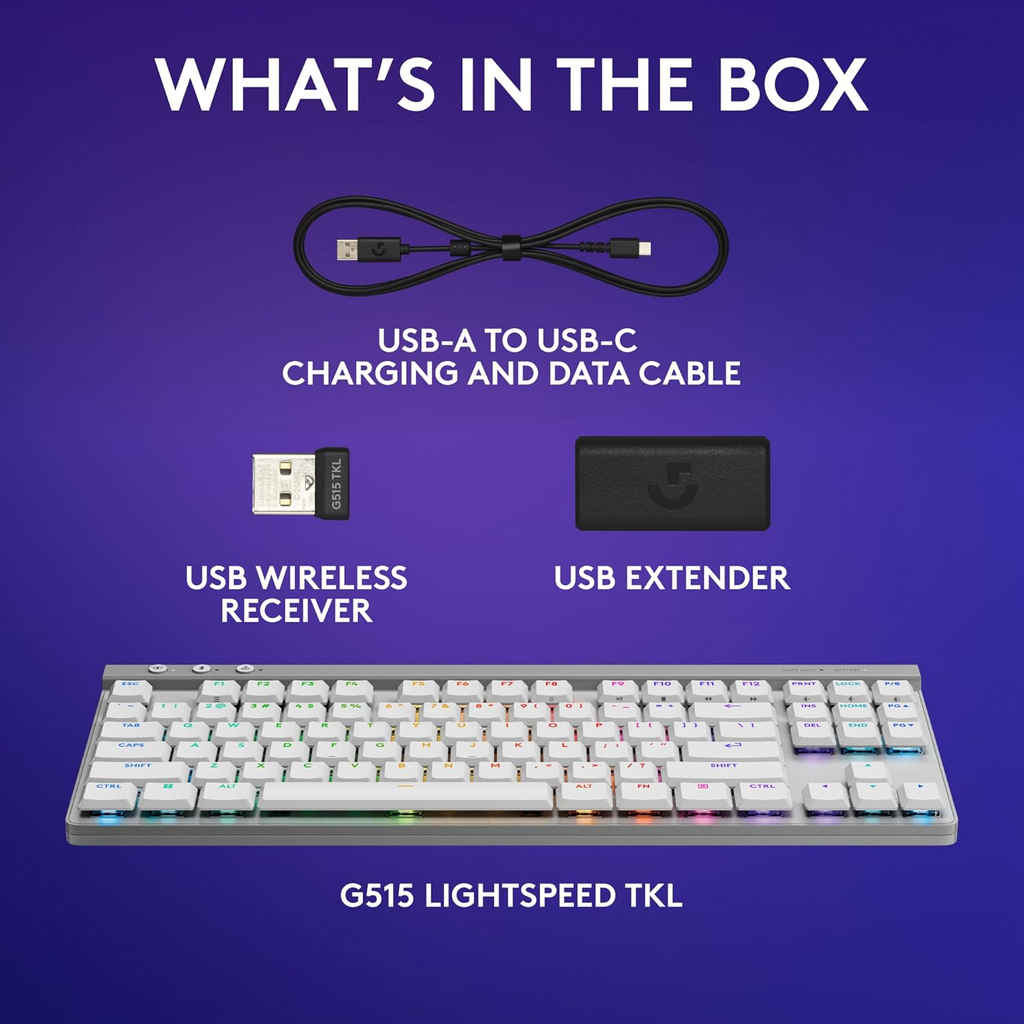 Logitech G515 TKL LIGHTSPEED Low-Profile Wireless Gaming Keyboard Tactile Switch - White