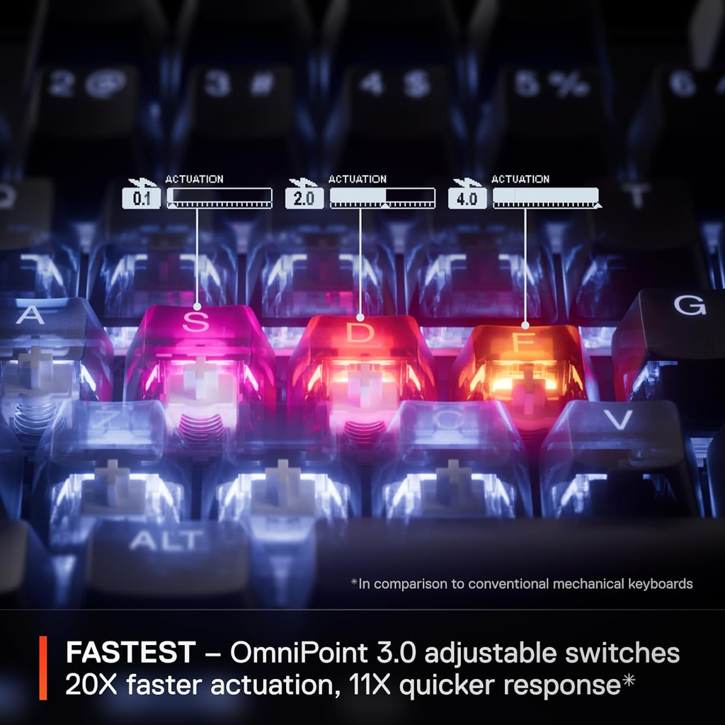SteelSeries Apex Pro Esports TKL Gen 3 Quantum 2.0 Dual Wireless/ Bluetooth/Wired Mechanical Gaming Keyboard, Omnipoint 3.0 Smarter GG QuickSet, Dynamic Per-Key RGB illumination, OLED Smart Display, Magnetic Wrist Rest, For PC/PS5 & Xbox