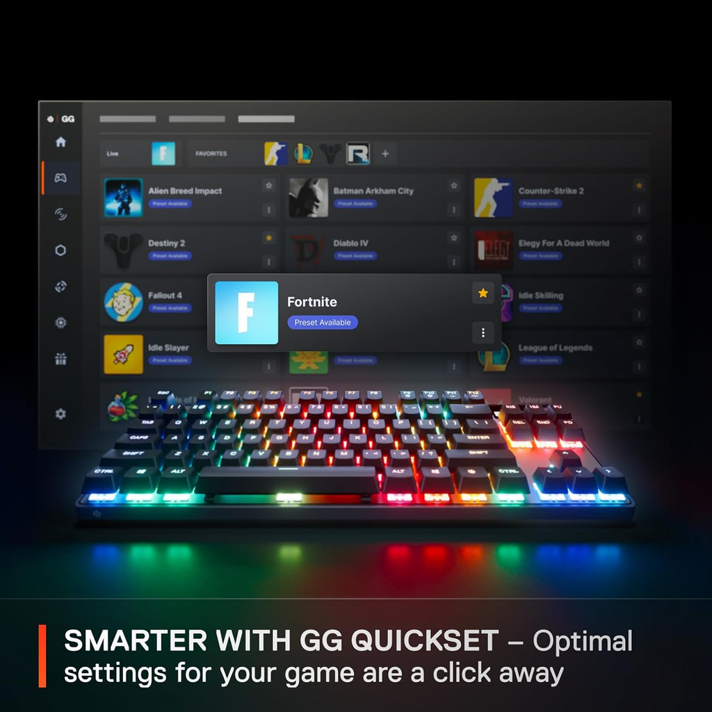 SteelSeries Apex Pro Esports TKL Gen 3 Quantum 2.0 Dual Wireless/ Bluetooth/Wired Mechanical Gaming Keyboard, Omnipoint 3.0 Smarter GG QuickSet, Dynamic Per-Key RGB illumination, OLED Smart Display, Magnetic Wrist Rest, For PC/PS5 & Xbox
