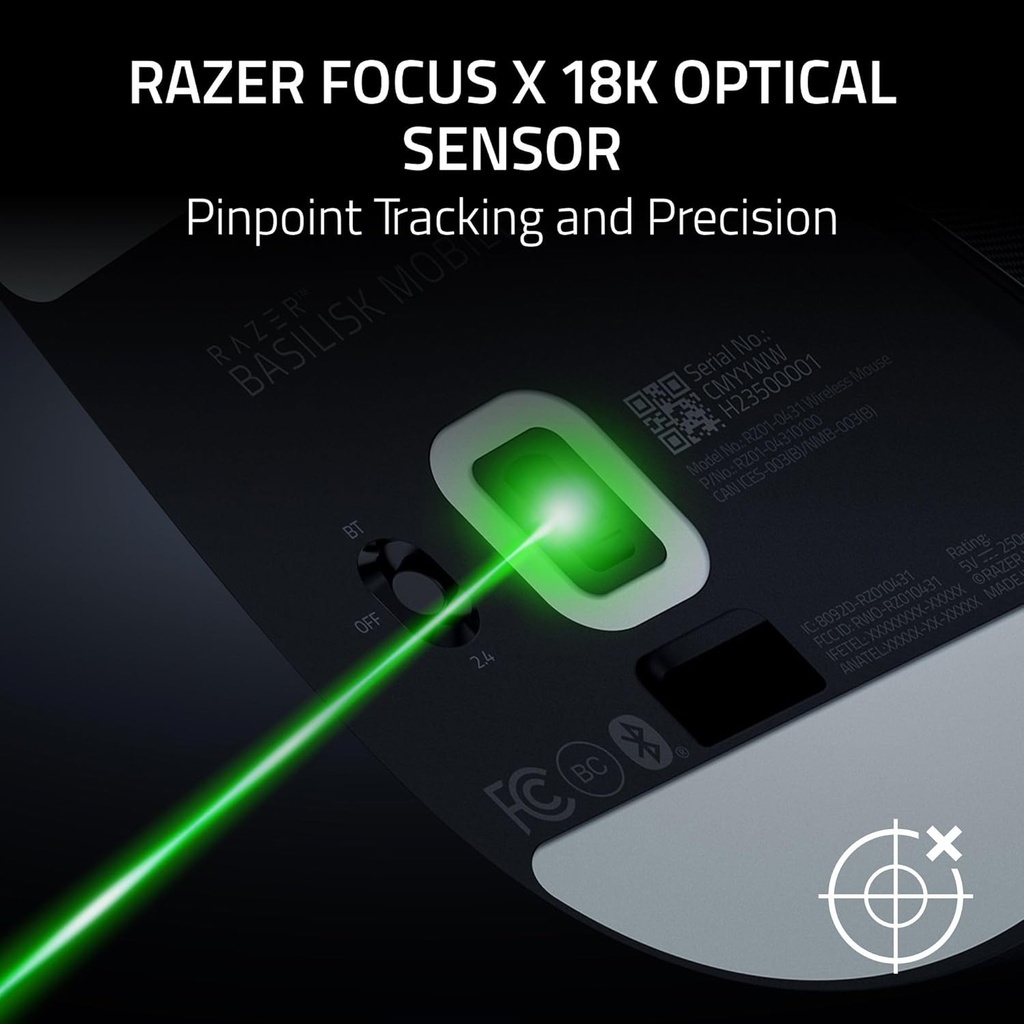 Razer Basilisk Mobile Portable Ergonomic Wireless/Bluetooth Gaming Mouse, Upto 105Hr, Focus X 18K Optical Sensor - Black