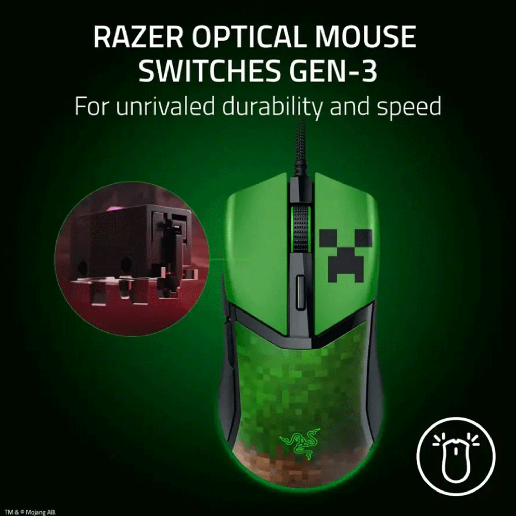 Razer Cobra Minecraft Edition Lightweight Optical Wired Gaming Mouse with Chroma RGB Lighting, Razer Gen‑3 Optical Mouse Switches - Green