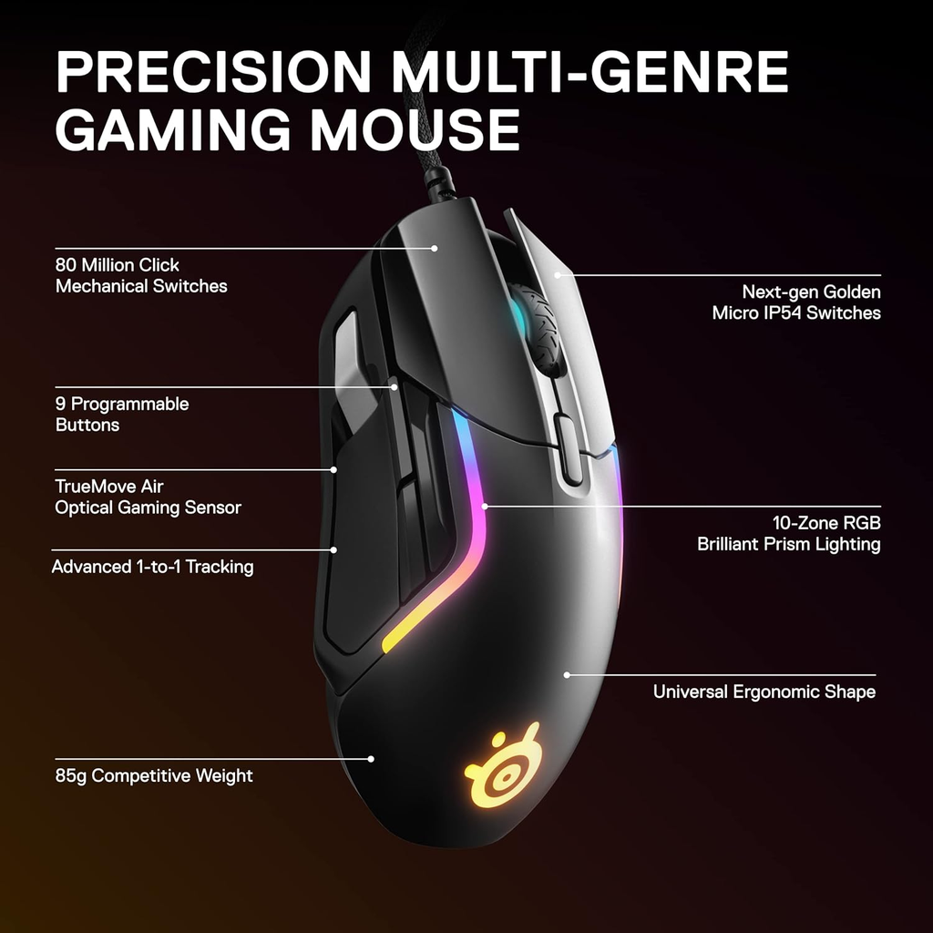 SteelSeries Rival 5 Precision Multi-Genre Prism RGB Wired Gaming Mouse, Ergonomic 9 Programmable Buttons 18,000 CPI, Perfect For all Battle Royale, FPS, MOBA,MMO & Fast-Paced Games, True Move Air Optical Gaming Sensor - Black