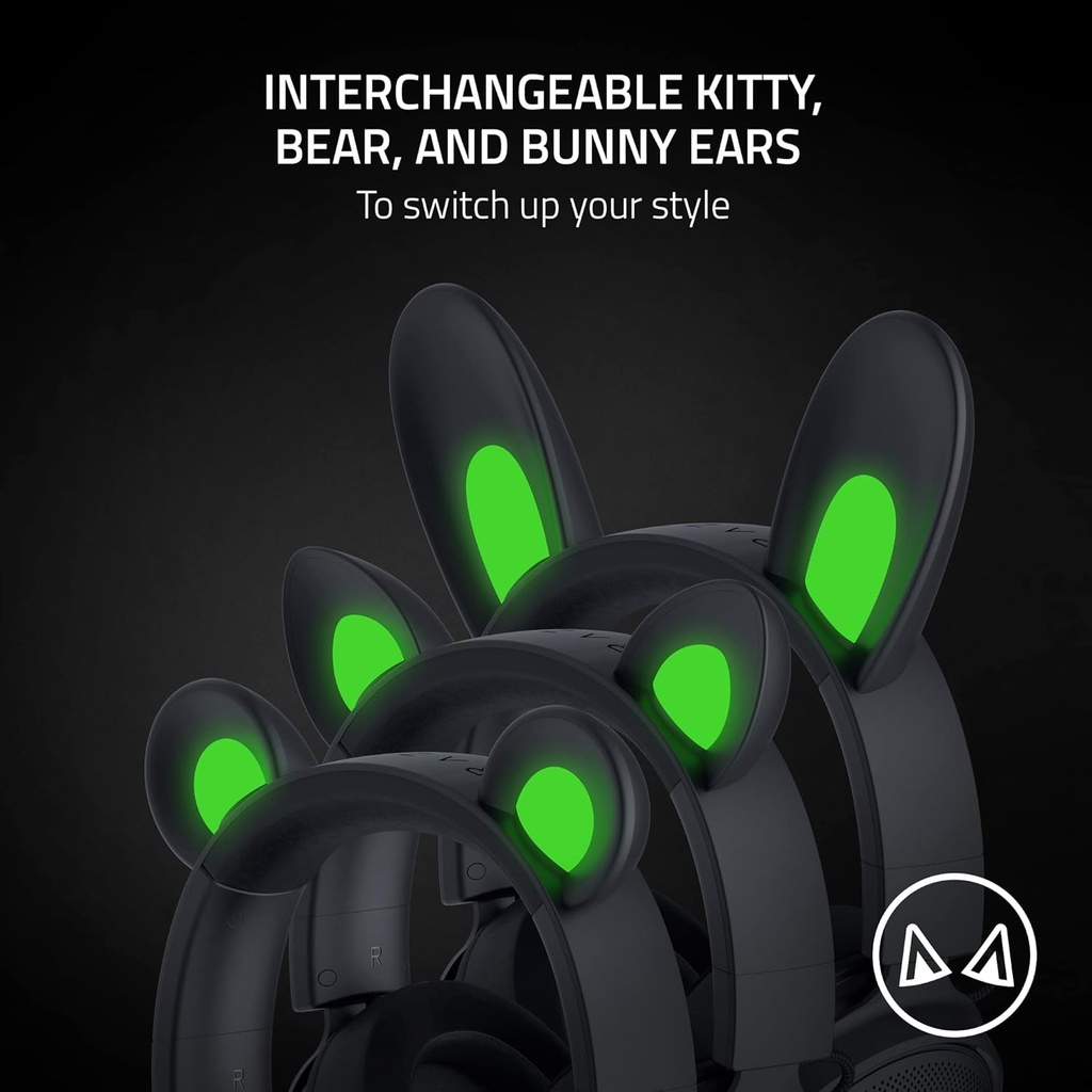 Razer Kraken Kitty V2 Pro Wired RGB Headset: Interchangeable Ears (Kitty, Bear, Bunny), Stream Reactive Lighting, Detachable HyperClear Cardioid Mic, 50mm Drivers, 7.1 Surround Sound - Black