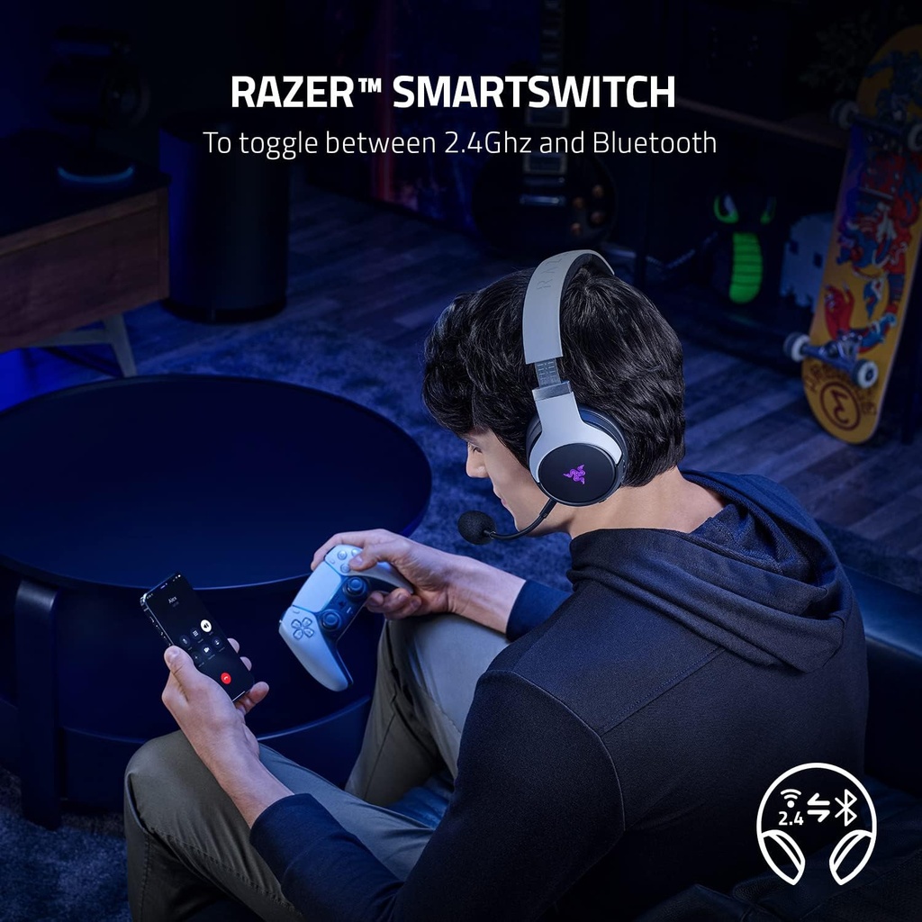 Razer Kaira Pro Dual Wireless Gaming Headset for PlayStation: HyperSense, Triforce 50mm Drivers, Detachable Mic, 2.4GHz and Bluetooth w/SmartSwitch, RGB Chroma, for PS5, PC, Mobile, PS4 - White & Black