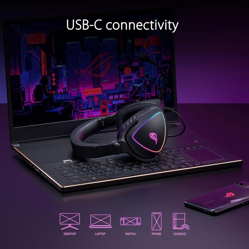 Asus ROG Delta S Wired Gaming Headset with AI noise-canceling mic, 7.1 Virtual Audio Channel, Detachable microphone, 50mm Neodymium Drivers, Asus Aura Scyn RGB, PC & Playstation / Nintendo, Black | 90YH02K0-B2UA00