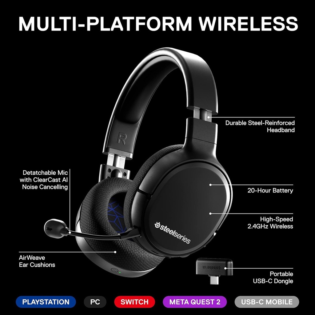 SteelSeries Arctis 1 Wireless/USB-C Gaming Headset Detachable ClearCast Noise Cancelling Mic For PC,PS5/PS4,Switch & Android-Black