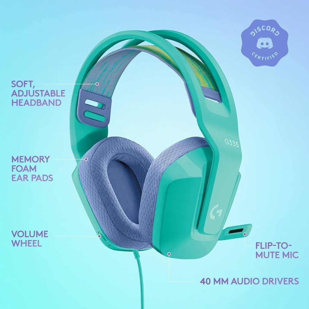 Logitech G335 Wired Gaming Headset, 40mm Drivers, Integrated Boom Mic, Soft, Breathable Memory Ear Cups, Adjustable Suspension Headband, Compatible with PC, PS, Xbox, Switch, Mint | 981-001024