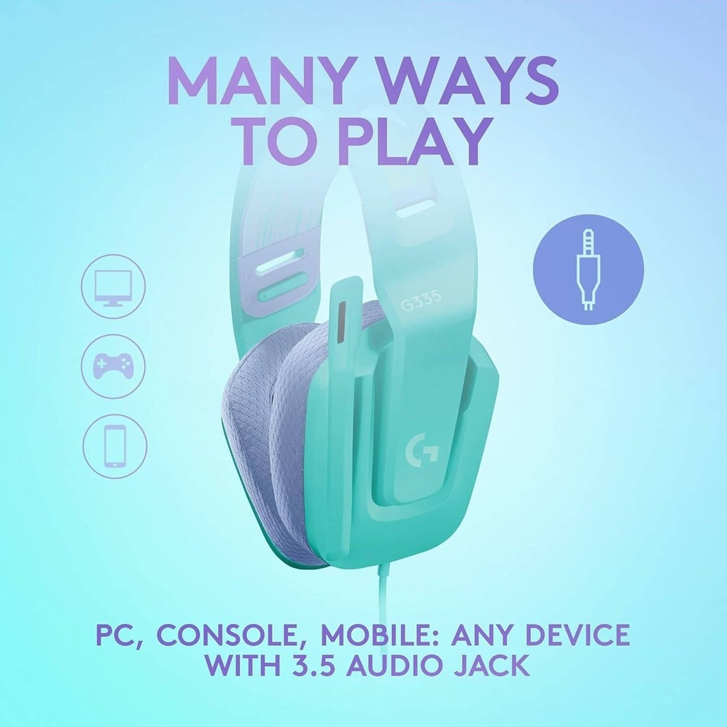 Logitech G335 Wired Gaming Headset, 40mm Drivers, Integrated Boom Mic, Soft, Breathable Memory Ear Cups, Adjustable Suspension Headband, Compatible with PC, PS, Xbox, Switch, Mint | 981-001024