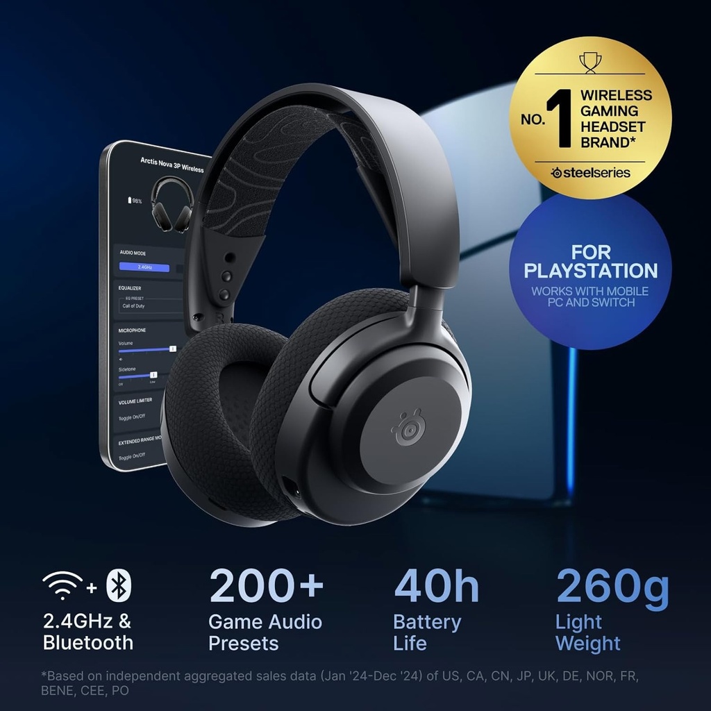 SteelSeries Arctis Nova 3P Wirelees/Bluetooth Upto 40Hr Battery Life For PlayStation, PC, Switch, & Android - Black