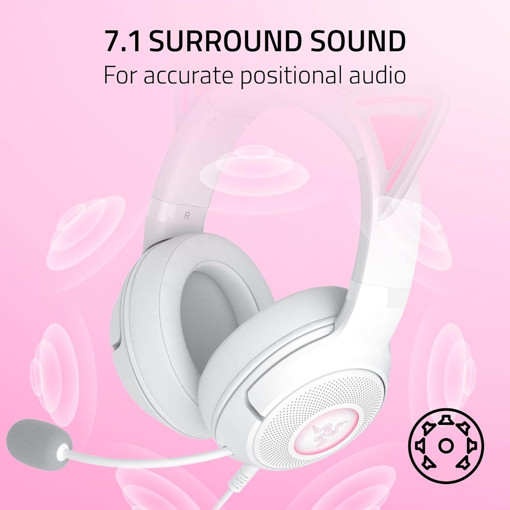 Razer Kraken Kitty V2 USB Wired RGB Gaming Headset: Chroma Kitty Ears, Stream Reactive Lighting, HyperClear Cardioid Mic, 7.1 Surround Sound For PC, PS4, PS5 - White