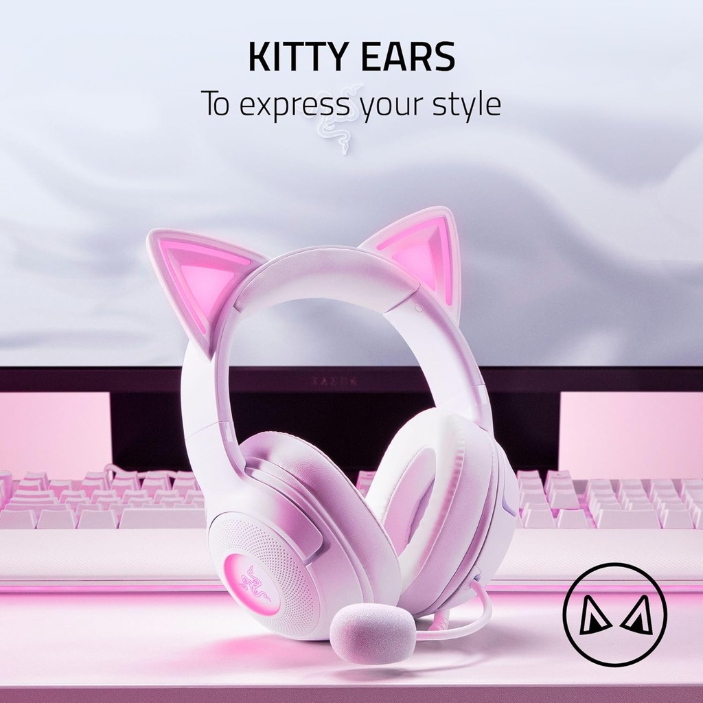 Razer Kraken Kitty V2 USB Wired RGB Gaming Headset: Chroma Kitty Ears, Stream Reactive Lighting, HyperClear Cardioid Mic, 7.1 Surround Sound For PC, PS4, PS5 - White