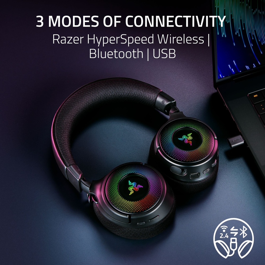 Razer Kraken V4 Wireless/Bluetooth/USB Gaming Headset Wideband Mic, Quick Volume Adjust - 9 Zone RGB Lighting - for PC, Mac, PS5, Nintendo Switch, Steam Deck, Smartphone - Black