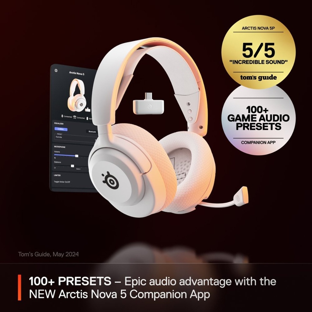 SteelSeries Arctis Nova 5 Wireless/Bluetooth Gaming Headset AI Noise Cancellation ClearCast 2.X Retractable Mic, Up to 60-Hours Battery life, For PC,PS5/PS4,Nintendo & Mobile Device - White