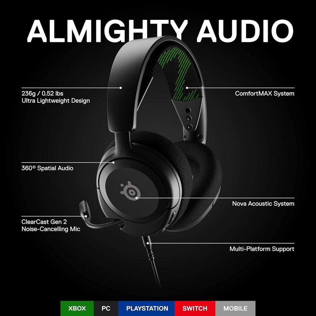 SteelSeries Arctis Nova 1X Wired (3.5mm) Nova Acoustic System Gaming Headset, AI Noise-Cancelation ClearCast Retractable Mic, For Xbox,PC,PS,Switch & Mobile Devices