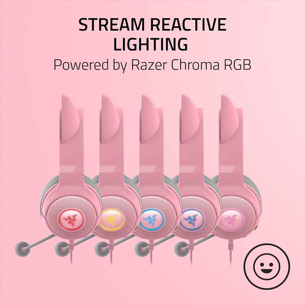 Razer Kraken Kitty V2 USB Wired RGB Gaming Headset: Chroma Kitty Ears, Stream Reactive Lighting, HyperClear Cardioid Mic, 7.1 Surround Sound For PC, PS4, PS5 - Quartz Pink