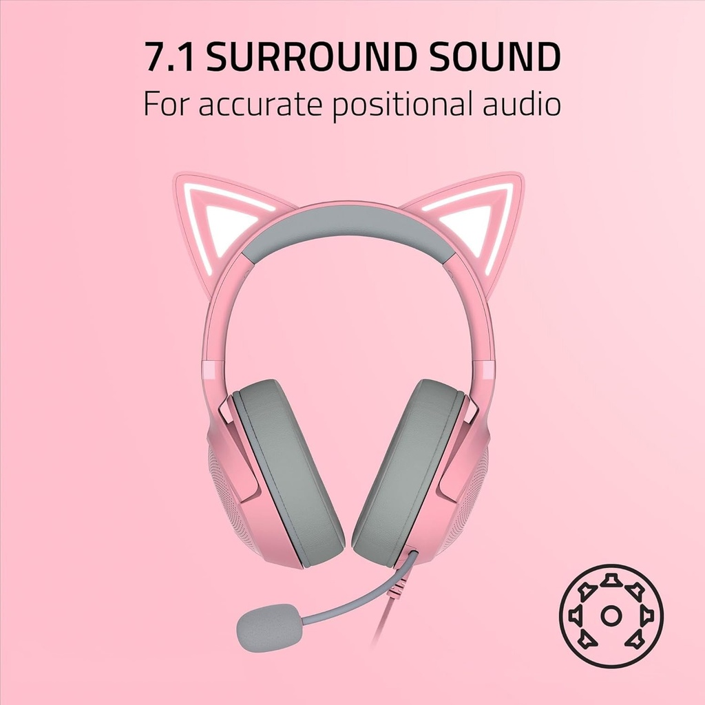 Razer Kraken Kitty V2 USB Wired RGB Gaming Headset: Chroma Kitty Ears, Stream Reactive Lighting, HyperClear Cardioid Mic, 7.1 Surround Sound For PC, PS4, PS5 - Quartz Pink