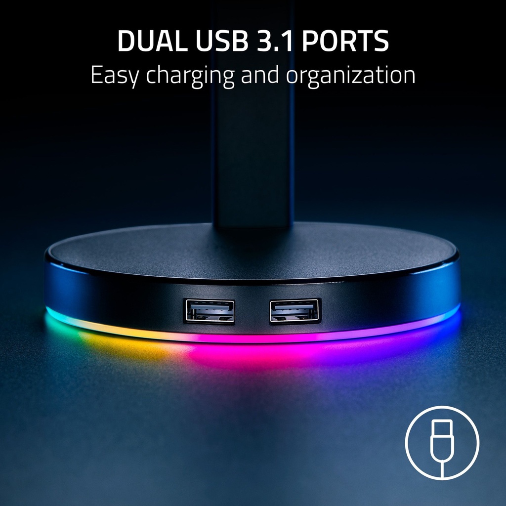 Razer Base Station V2 Chroma Headphone Headset Stand Holder: Chroma RGB Lighting, Taller Stand & Anti-Slip Ledge, USB Charging Ports, 3.5mm Port, Built-in DAC - Quartz