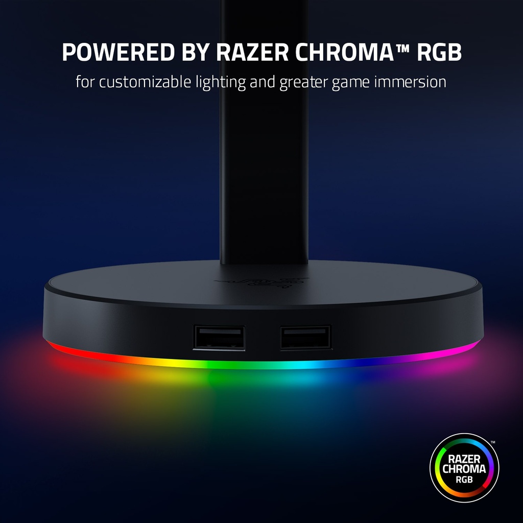 Razer Base Station V2 Chroma Headphone Headset Stand Holder: Chroma RGB Lighting, Taller Stand & Anti-Slip Ledge, USB Charging Ports, 3.5mm Port, Built-in DAC - Black