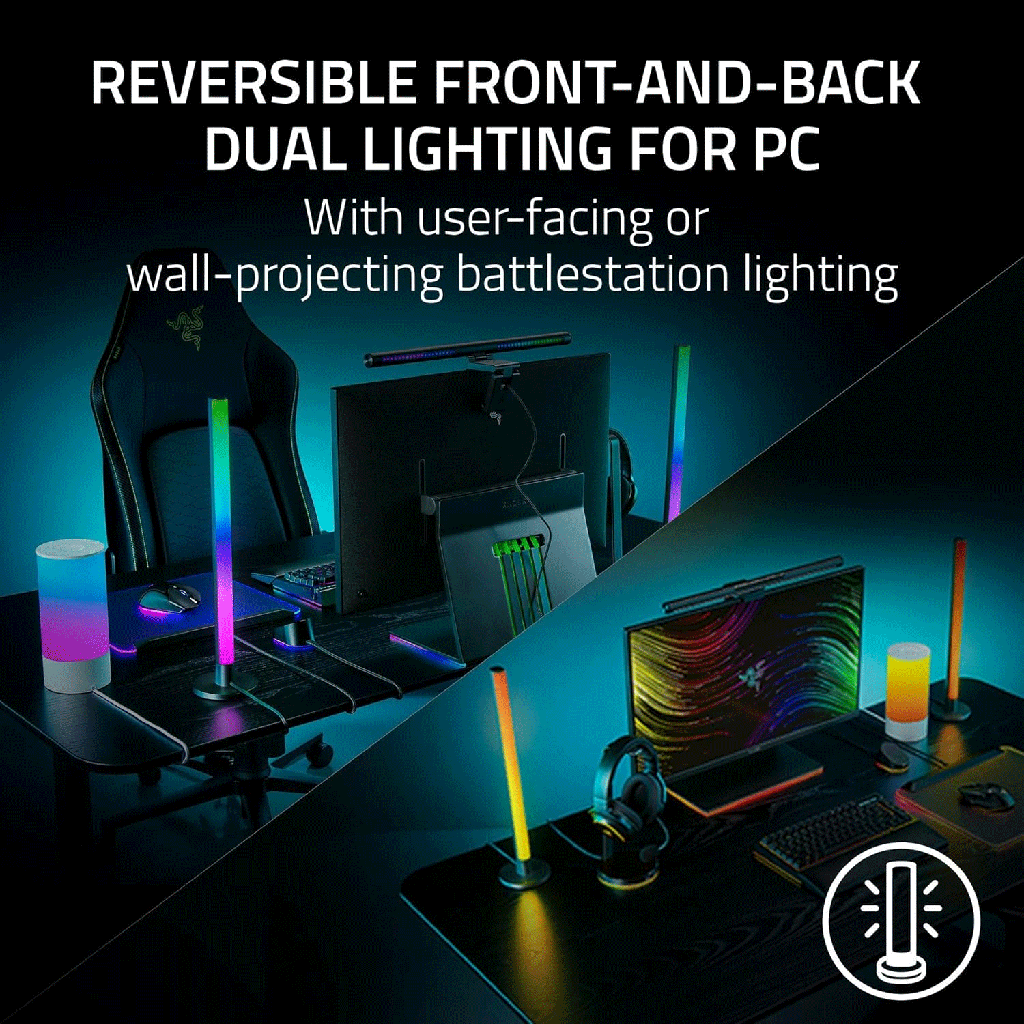 Razer Aether Standing RGB LED Light Bars, USB-C Connection, Reversible Front and Back Dual Lighting for PC, Works With Alexa & Google Home