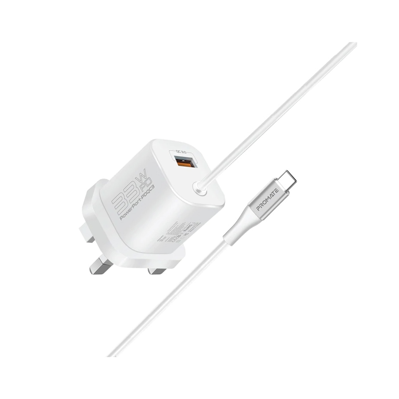 Promate 33W Super Speed Wall Charger with Quick Charge 3.0 & USB-C Power Delivery White