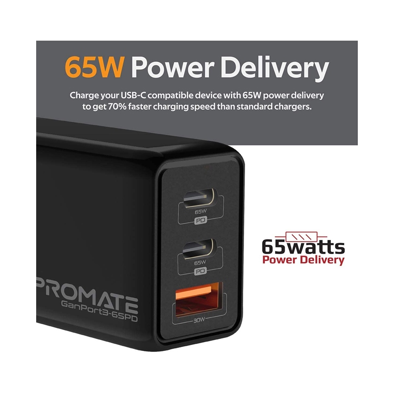 Promate 65W Power Delivery GaNFast™ Charging Adaptor UK Plug Charge From Earbuds to Macbook Pro 16" Black