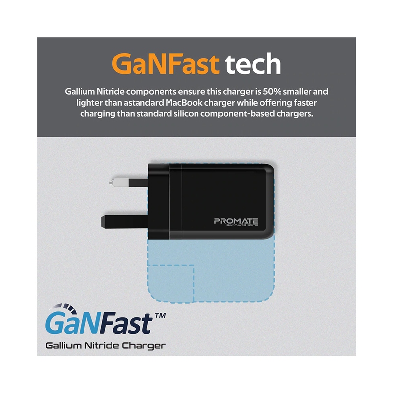 Promate 65W Power Delivery GaNFast™ Charging Adaptor UK Plug Charge From Earbuds to Macbook Pro 16" Black