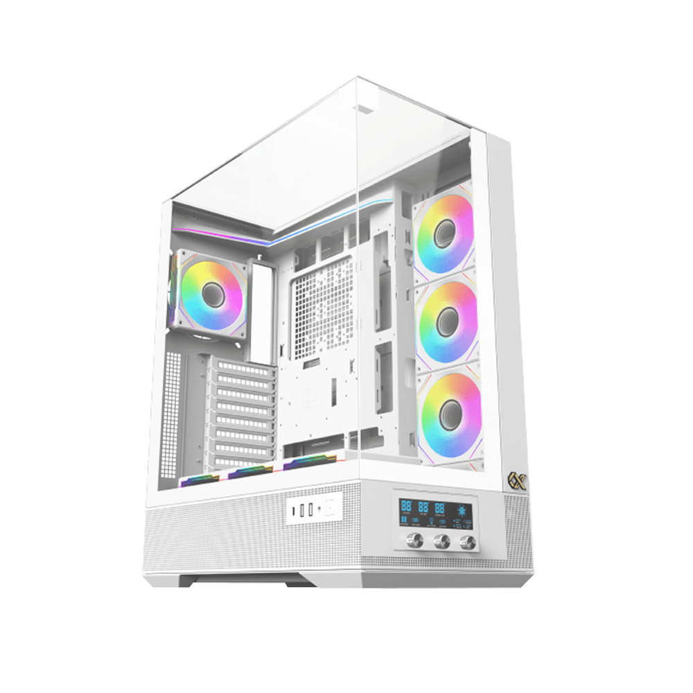 Xigmatek Vision Pro Artic Midtower LCD Display Three Panel Front,Top & Left Side Tempered Glass Case with 8 ARGB Fans - White