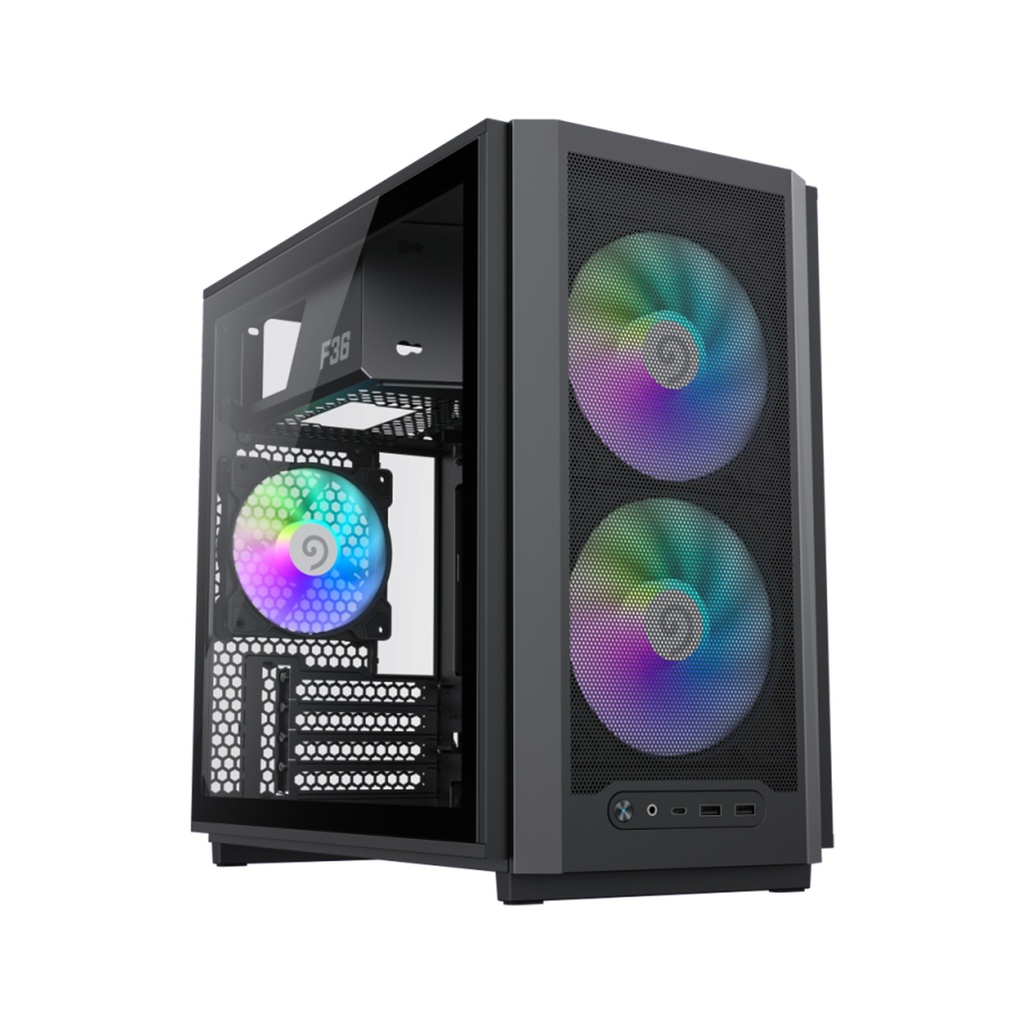 [F36-BK] GameMax F36 Micro Tower Mesh Tempered Glass Side Panel Case with 3 RGB Fans - Black