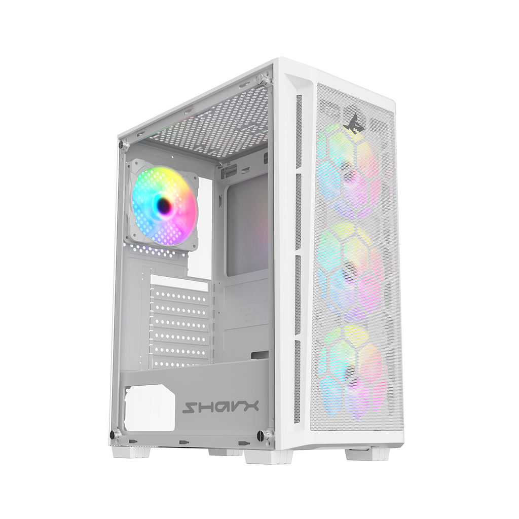 [R-200W] Sharx Razorfin R-200 ATX Mid Tower Left Side Tempered Glass Panel Case With 4 RGB Fans - White