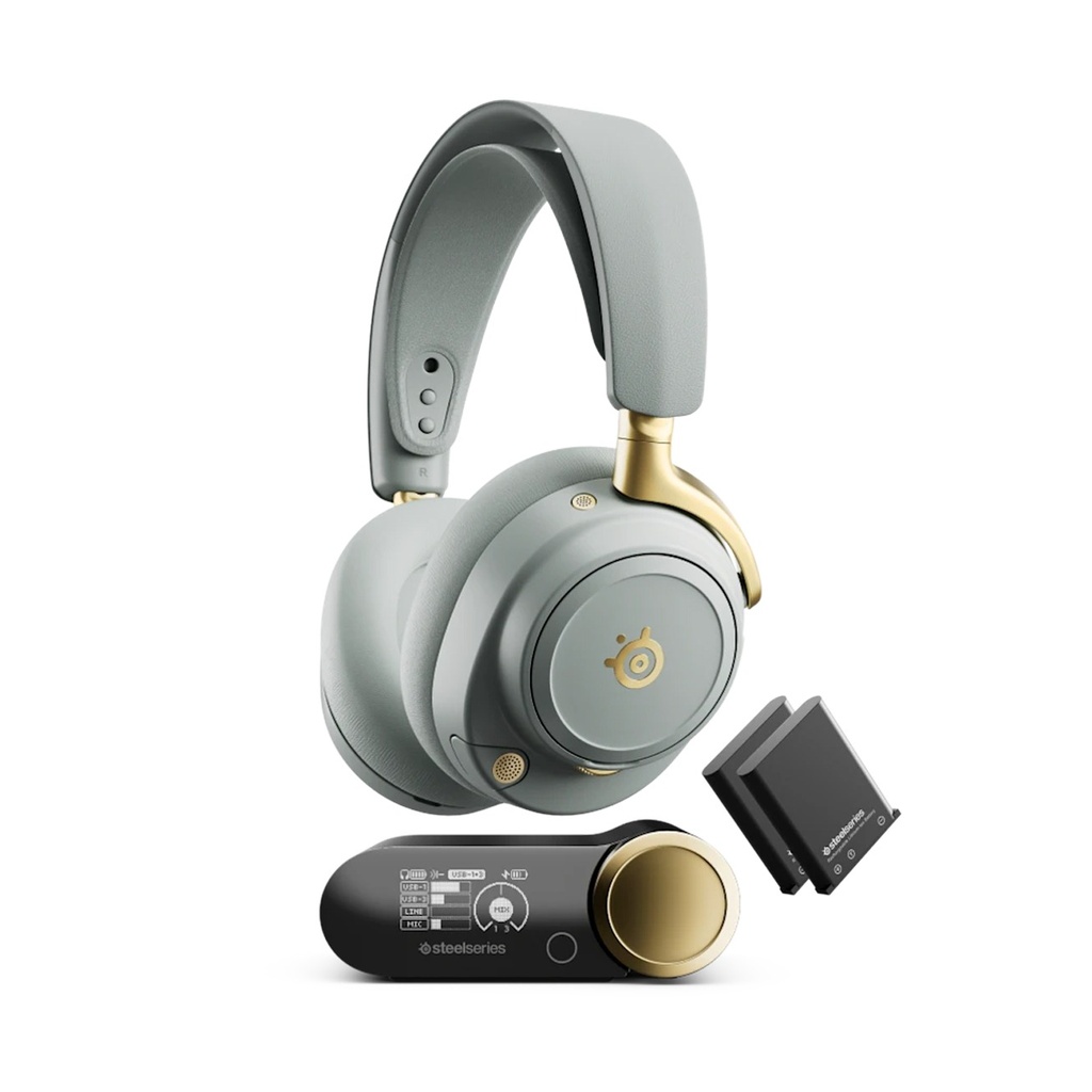 [61663] SteelSeries Arctis Nova Elite - Hi-Res Wireless Gaming Headset, 96kHz/24bit, Carbon Fiber Drivers, Active Noise Cancellation, Wireless/Bluetooth/Wired Connectivity, Multi-Source Mix, OmniPlay PC / PlayStation / Xbox, Sage Gold | 61663