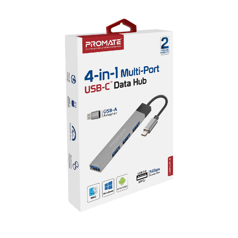 [LiteHub-4.Gray] Promate 4 In 1 Multi-Port USB-C Data Hub Gray