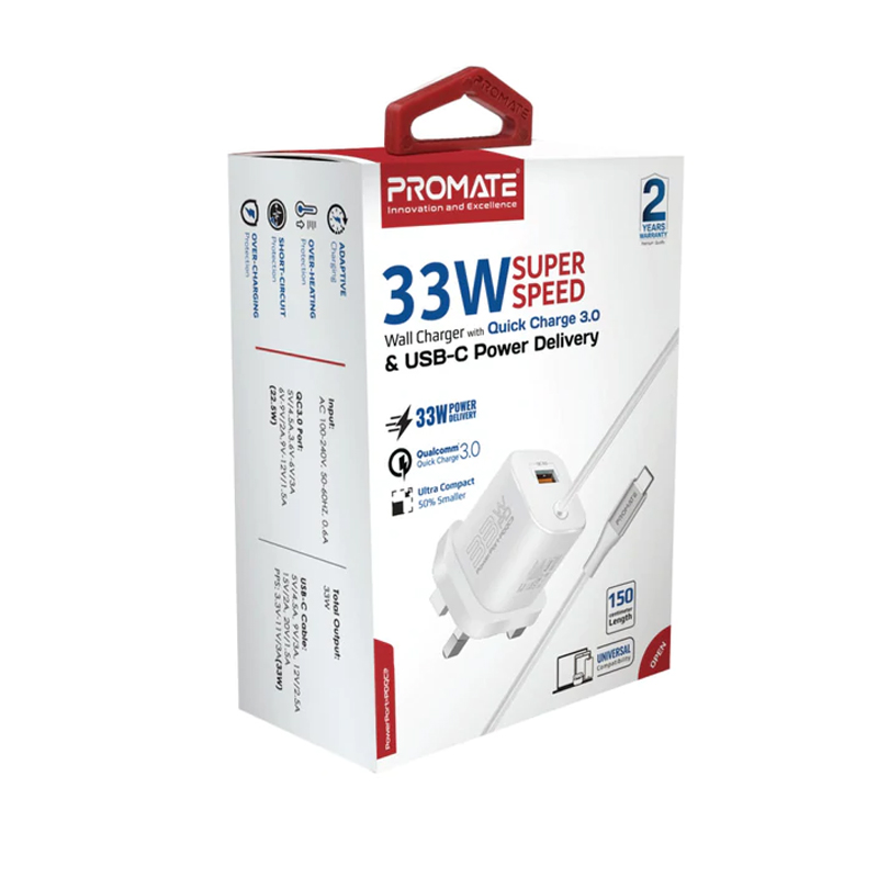 [PowerPort-PDQC3.White] Promate 33W Super Speed Wall Charger with Quick Charge 3.0 & USB-C Power Delivery White