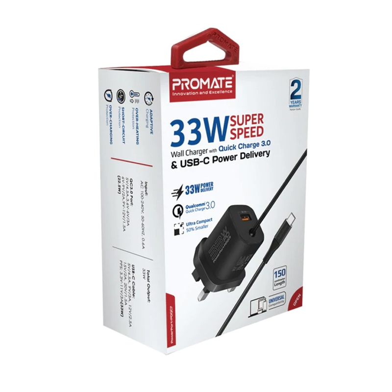 [POWERPORT-PDQC3.BLACK] Promate 33W Super Speed Wall Charger with Quick Charge 3.0 & USB-C Power Delivery Black